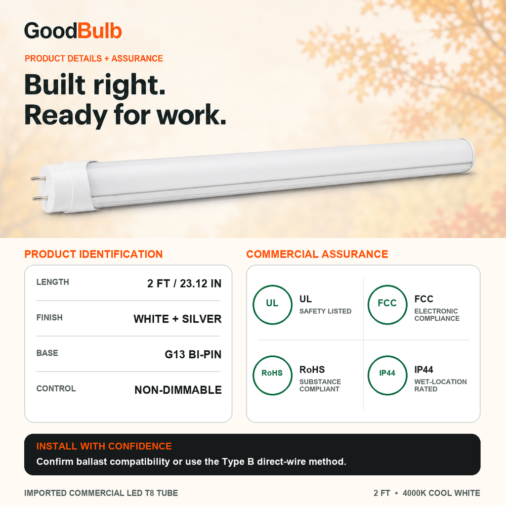 2FT LED T8 Tube LED T8 tube, 4000K Cool White or 5000K Daylight, G13 Bi-Pin, plug and play or ballast bypass, fluorescent replacement