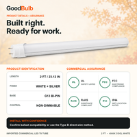 2FT LED T8 Tube LED T8 tube, 4000K Cool White or 5000K Daylight, G13 Bi-Pin, plug and play or ballast bypass, fluorescent replacement