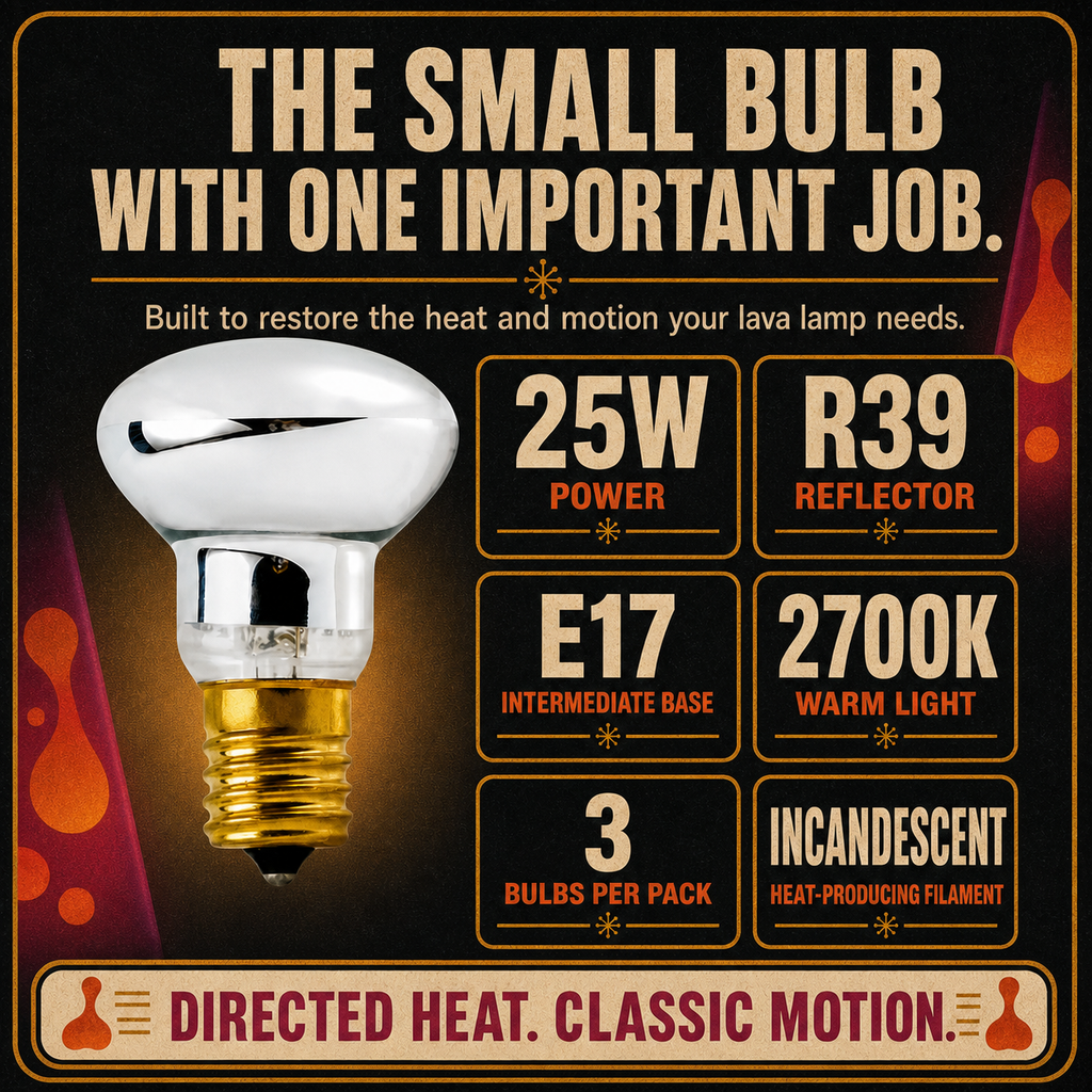 Lava Lamp Bulb incandescent light bulb, 25W R39 E17, 100 CRI, dimmable