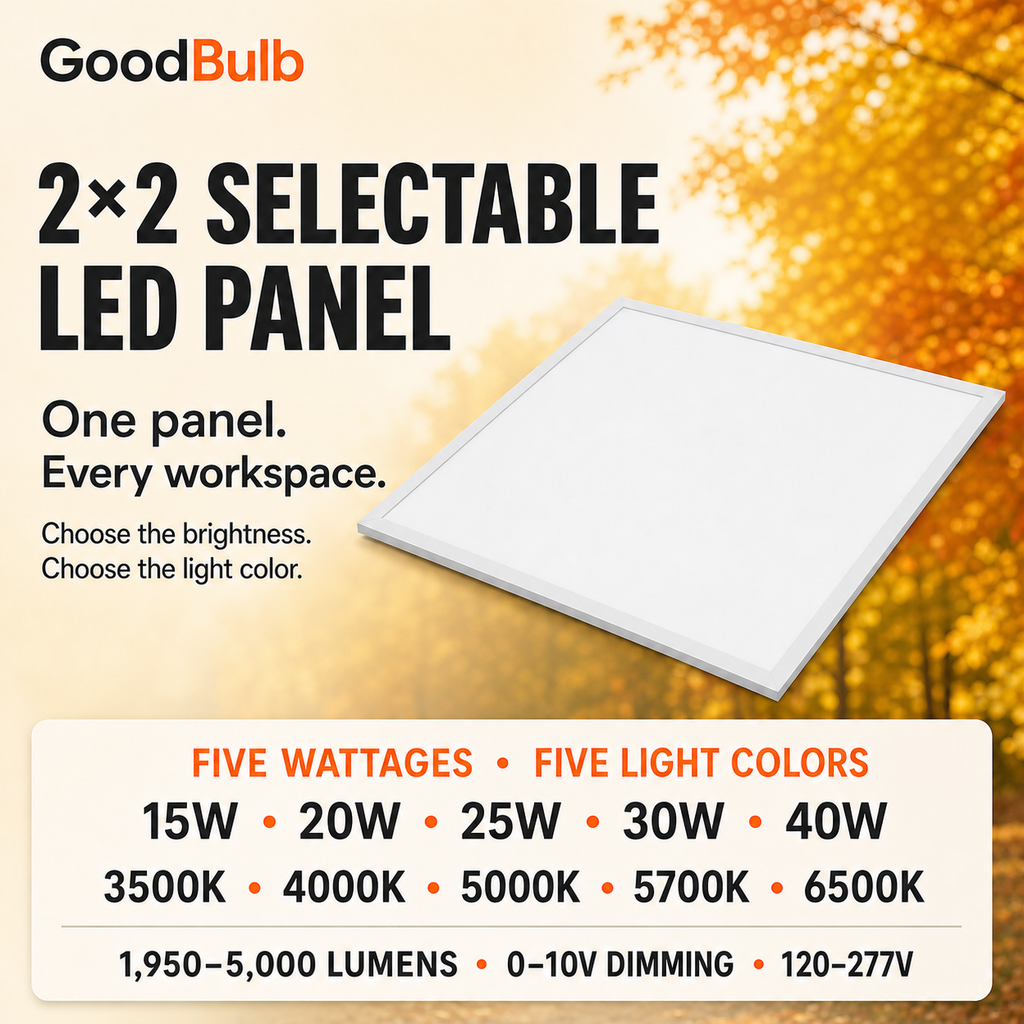 2x2 LED Panel, 5 Wattages, 5 CCT commercial LED fixture, selectable wattage and CCT, 120-277V, DLC 5.1 Premium, utility rebate eligible