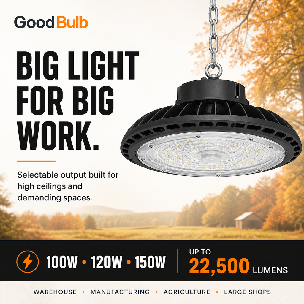 UFO High Bay 100/125/150W Selectable commercial LED fixture, selectable wattage and CCT, 120-277V, DLC 5.1 Premium, utility rebate eligible