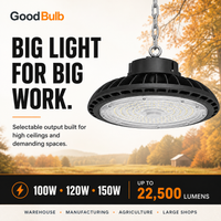 UFO High Bay 100/125/150W Selectable commercial LED fixture, selectable wattage and CCT, 120-277V, DLC 5.1 Premium, utility rebate eligible