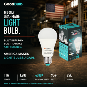 Made in America | 75W Equal | 1200 Lumens | LED A19 COOL WHITE 4000K Clean, Neutral White