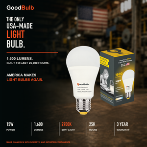 Made in America | 100W Equal | 1600 Lumens | LED A19 SOFT WHITE 2700K True-To-Life Color