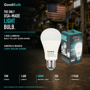Made in America | 100W Equal | 1600 Lumens | LED A19 COOL WHITE 4000K Clean, Neutral White