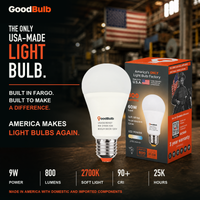 GoodBulb Soft White 2700K A19 LED bulb, made in USA, Fargo North Dakota