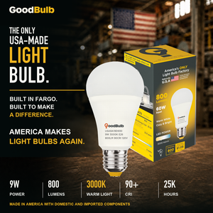 Made in America | 60W Equal | 800 Lumens | LED A19 WARM WHITE 3000K Warm, With More Light