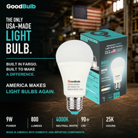 GoodBulb Cool White 4000K A19 LED bulb, made in USA, Fargo North Dakota