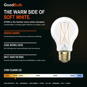 A19 LED Filament Bulb, Clear Glass, Soft White, Dimmable, E26