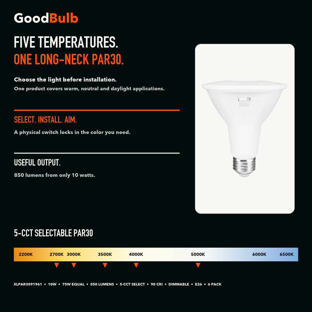 PAR30 Long Neck LED PAR bulb, PAR30, Selectable 2700K–5000K, 90+ CRI, halogen replacement flood/spot