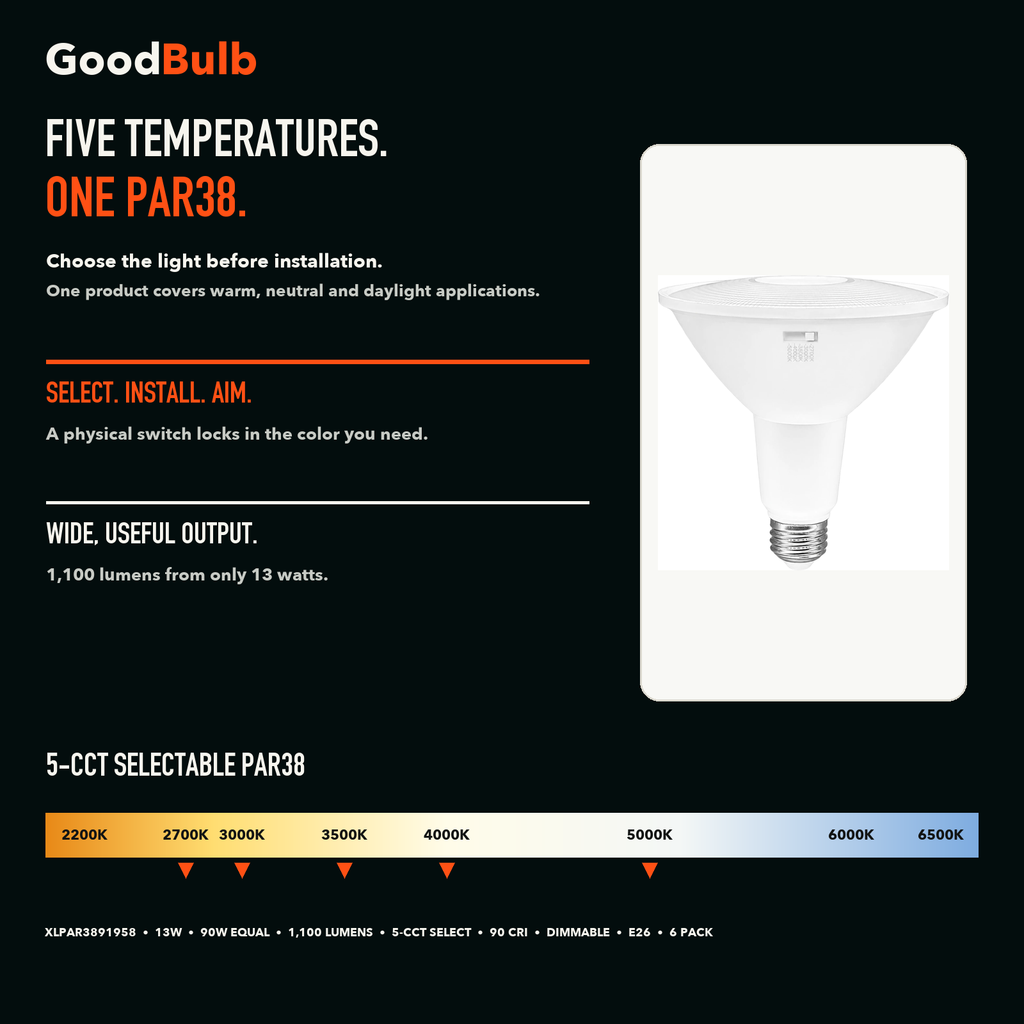PAR38 Adjustable Color LED PAR bulb, PAR38, Selectable 2700K–5000K, 90+ CRI, halogen replacement flood/spot