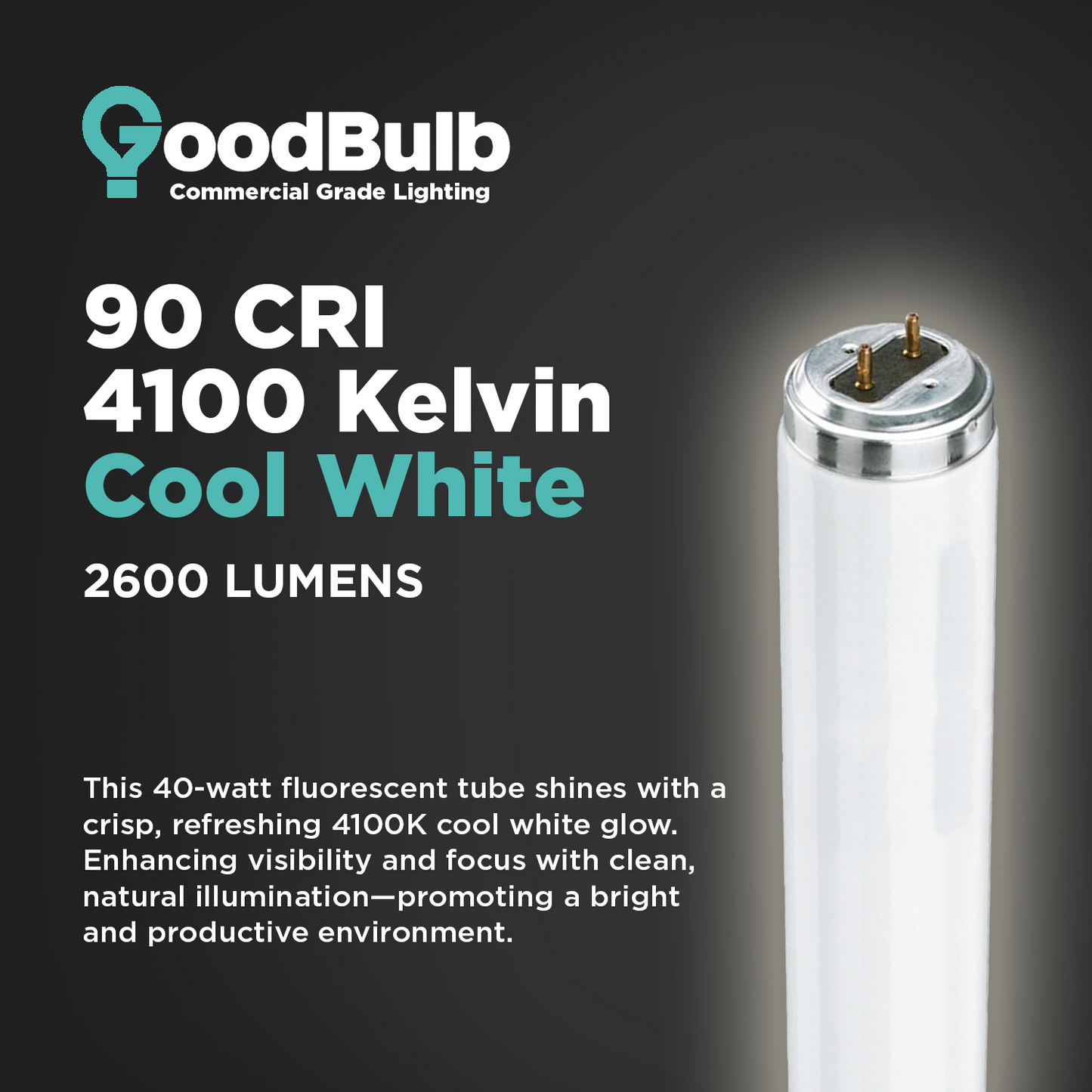 F40T12/941 - 40 Watt 48 Inch T12 Fluorescent Light Bulb - 4100K Cool White - 2600 Lumens - 24,000 Hours