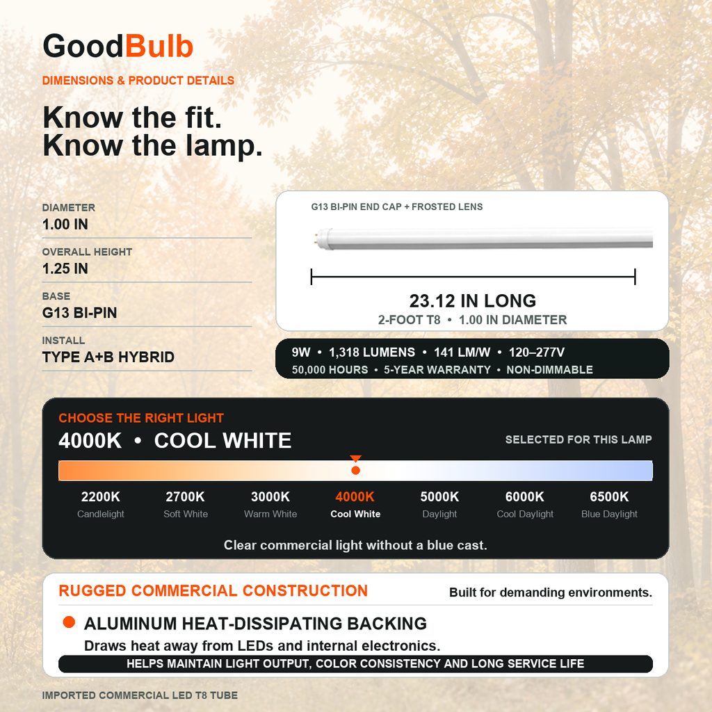 2FT LED T8 Tube LED T8 tube, 4000K Cool White or 5000K Daylight, G13 Bi-Pin, plug and play or ballast bypass, fluorescent replacement