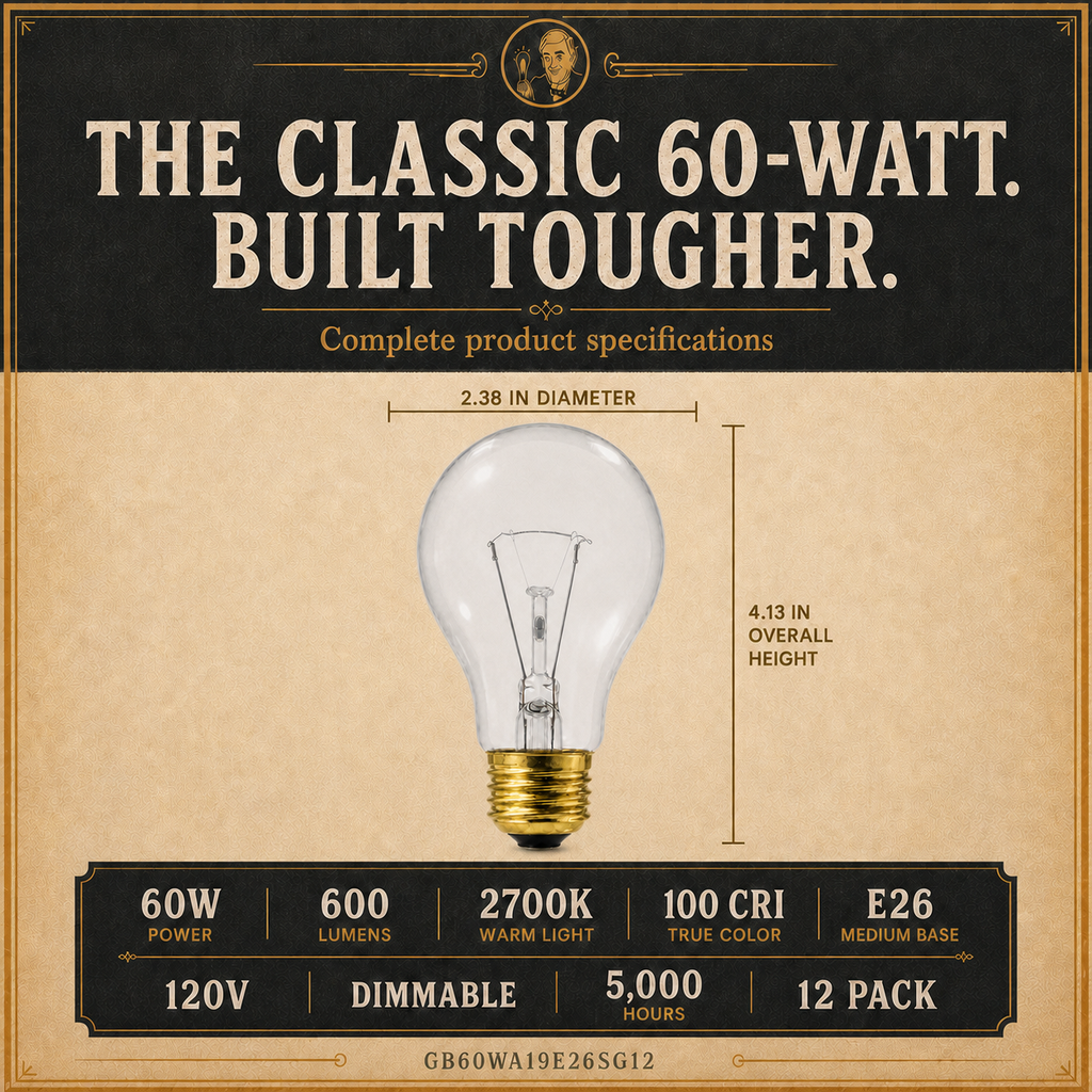 The 60-Watt incandescent light bulb, 60W A19 E26, 100 CRI, dimmable