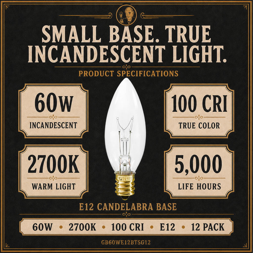 The E12 Chandelier incandescent light bulb, 60W B11 E12, 100 CRI, dimmable