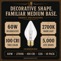 The E26 Chandelier incandescent light bulb, 60W C15 E26, 100 CRI, dimmable