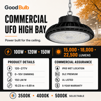 UFO High Bay 100/125/150W Selectable commercial LED fixture, selectable wattage and CCT, 120-277V, DLC 5.1 Premium, utility rebate eligible