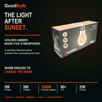 A19 Filament Nostalgic Amber LED filament bulb, amber glass, E26 Medium, dimmable vintage Edison style, 90 CRI
