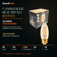 B11 Torpedo E26 Medium, Amber LED filament bulb, amber glass, E26 Medium, dimmable vintage Edison style, 90 CRI