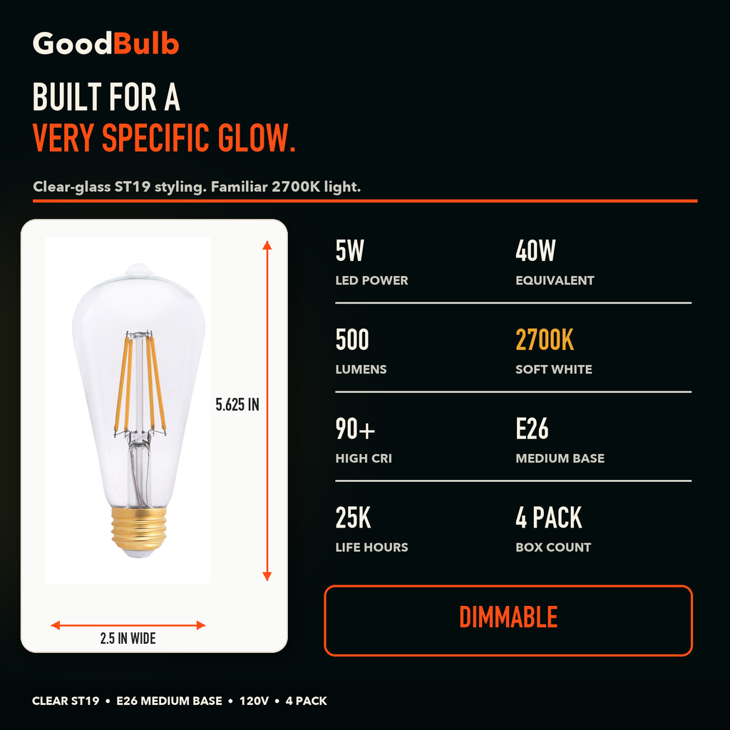 ST19 Edison Soft White Glow LED filament bulb, clear glass, E26 Medium, dimmable vintage Edison style, 90 CRI