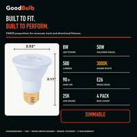 PAR20 3000K Warm White LED PAR bulb, PAR20, 3000K Warm White, 90+ CRI, halogen replacement flood/spot