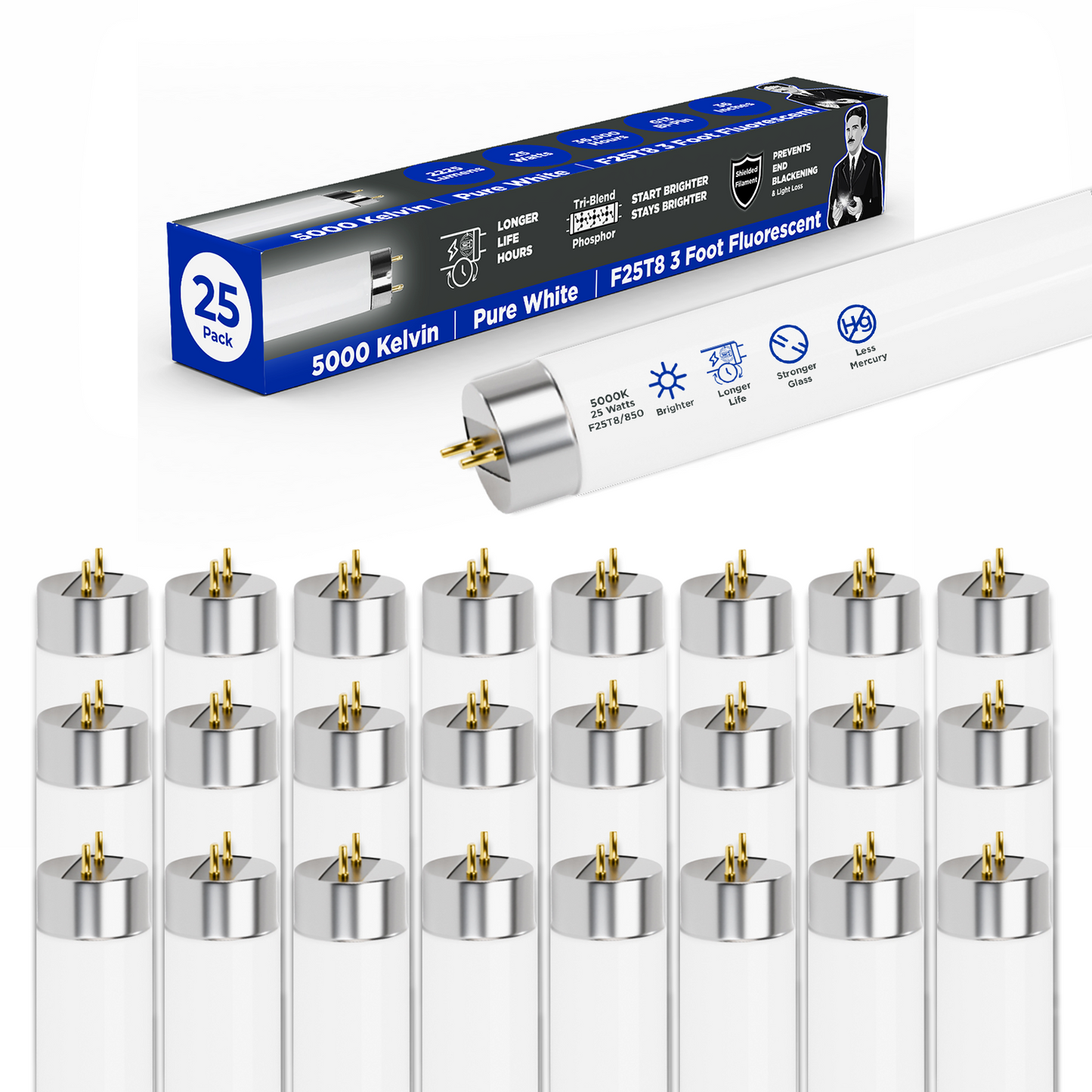 F25T8/850 - 25 Watt 36 Inch T8 Fluorescent Light Bulb - 5000K Pure White - 2225 Lumens - 36,000 Hours