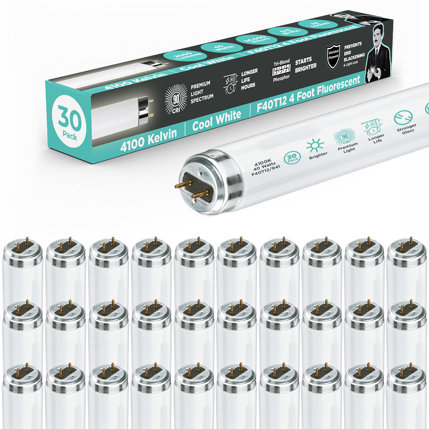 F40T12/941 - 40 Watt 48 Inch T12 Fluorescent Light Bulb - 4100K Cool White - 2600 Lumens - 24,000 Hours