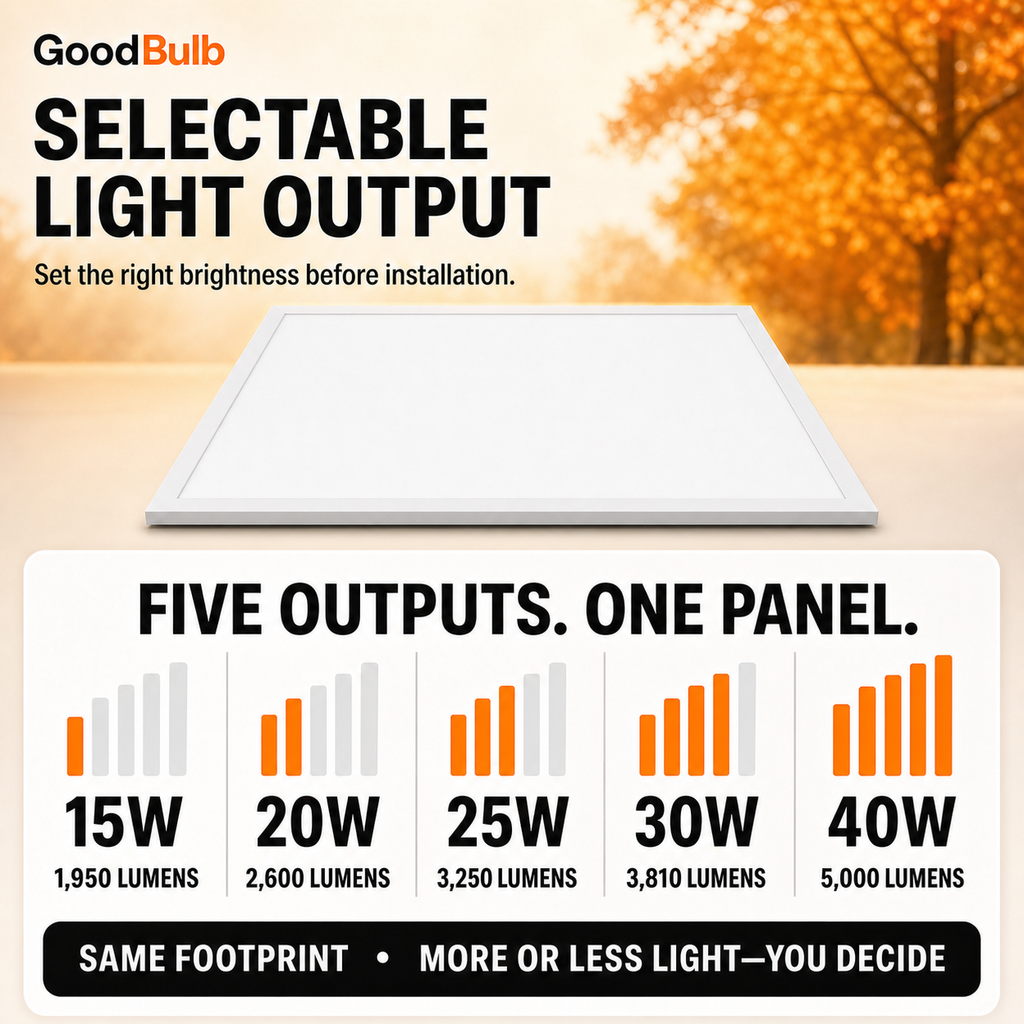 2x2 LED Panel, 5 Wattages, 5 CCT commercial LED fixture, selectable wattage and CCT, 120-277V, DLC 5.1 Premium, utility rebate eligible