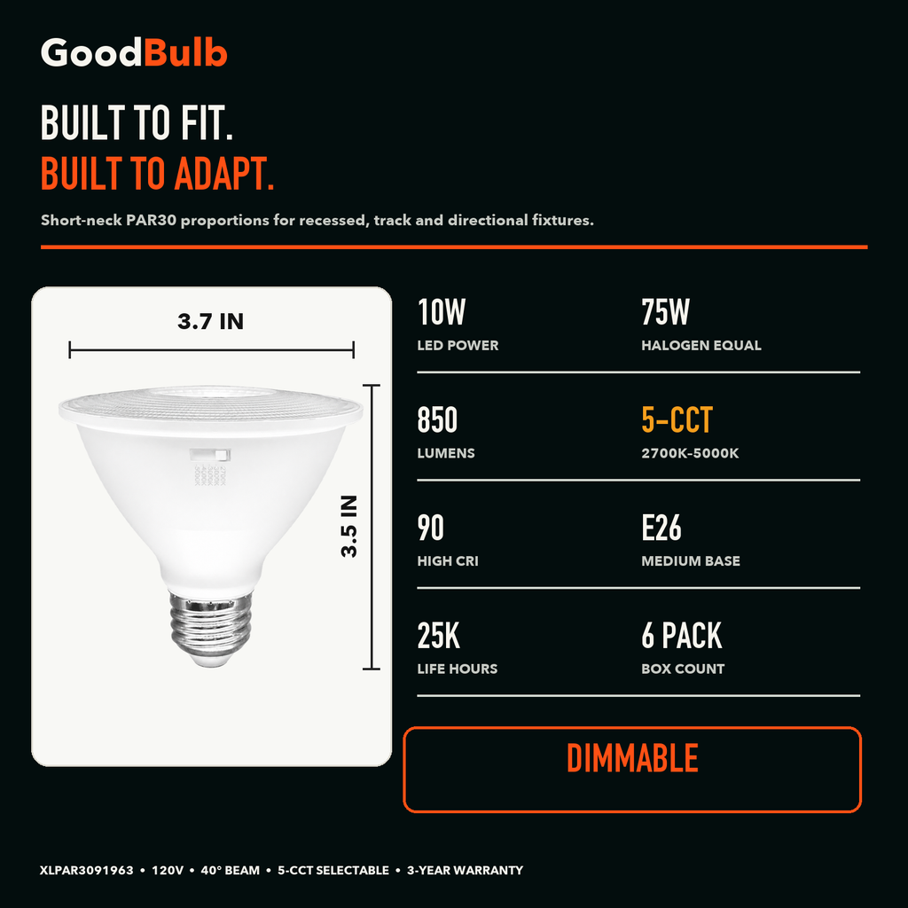 PAR30 Short Neck LED PAR bulb, PAR30, Selectable 2700K–5000K, 90+ CRI, halogen replacement flood/spot