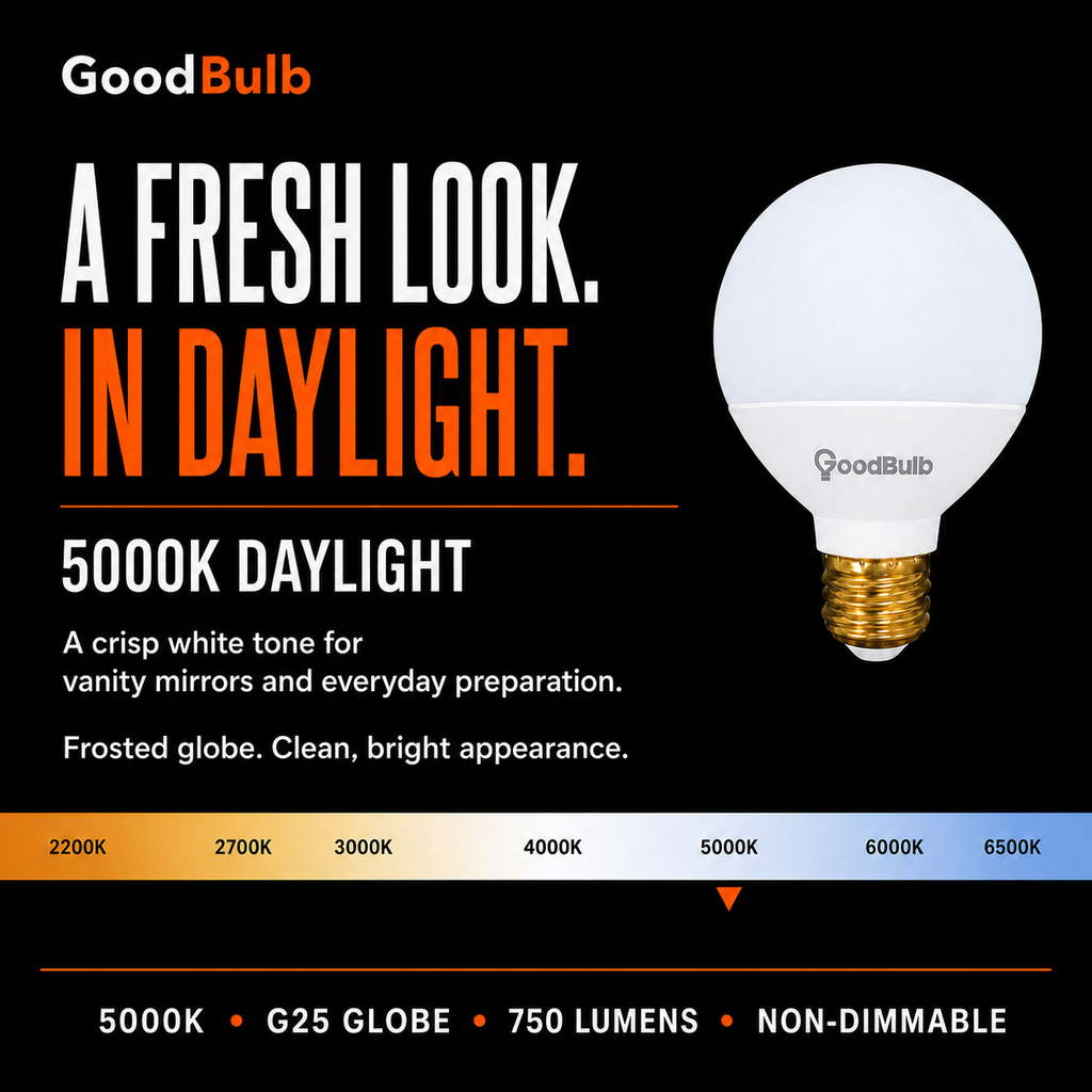 G25 LED vanity globe light bulb, daylight 5000K, 60W equal, E26 base, for bathroom mirror
