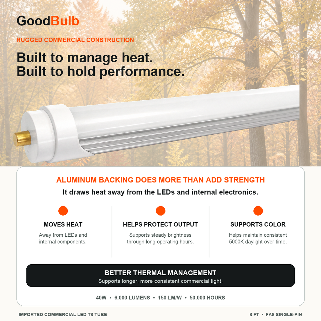 8FT LED T8 Tube 5000K Daylight LED T8 tube, 5000K Daylight, FA8 Single-Pin, plug and play or ballast bypass, fluorescent replacement