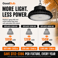 UFO High Bay 100/125/150W Selectable commercial LED fixture, selectable wattage and CCT, 120-277V, DLC 5.1 Premium, utility rebate eligible