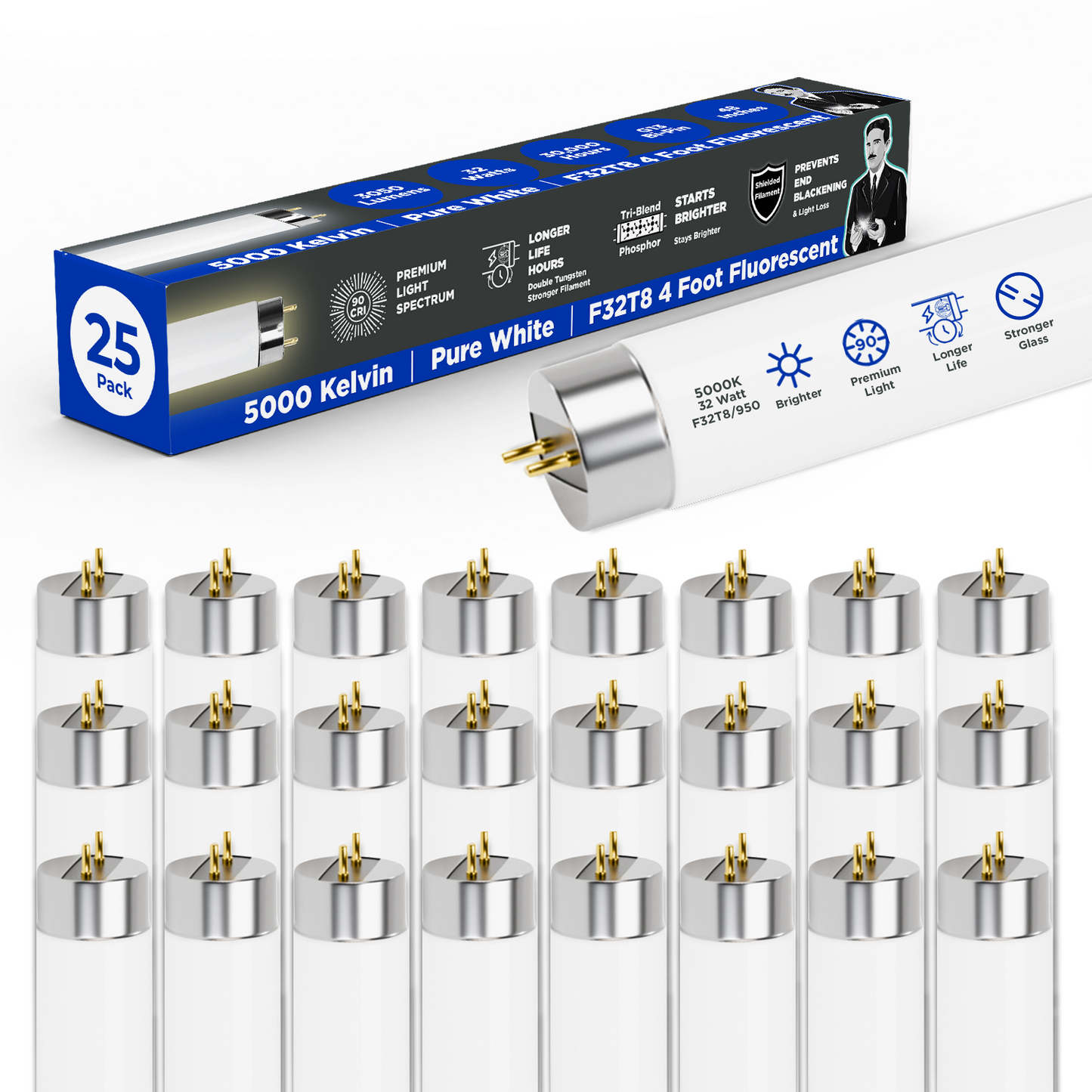F32T8/950 - 32 Watt 48 Inch T8 Fluorescent Light Bulb - 5000K Pure White - 3050 Lumens - 24,000 Hours