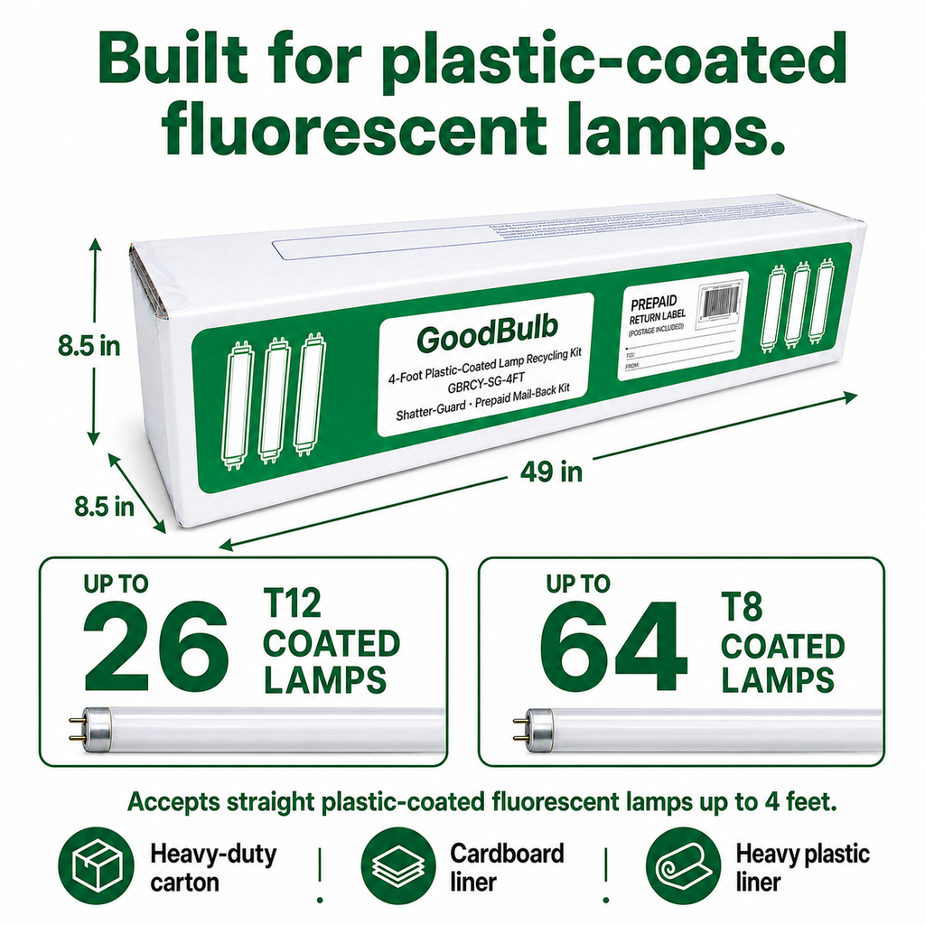 4-Foot Shatter-Guard Kit Plastic-Coated prepaid mail-back recycling kit, shatter-resistant · food-safe · fda, certificate of recycling