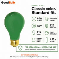 Green 60W Incandescent Classic Filament colored LED light bulb, A19, E26, 60W equivalent, porch cause bulb