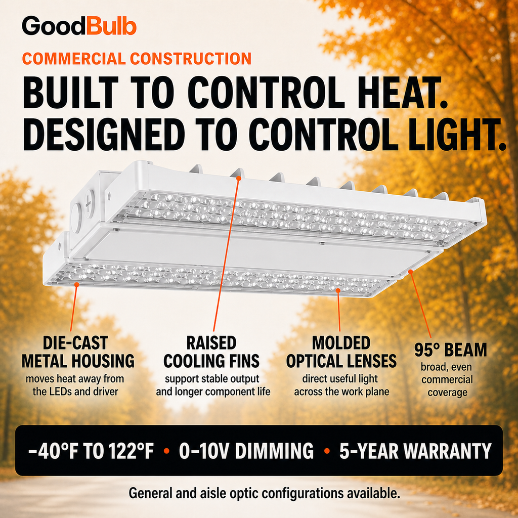 Linear High Bay 90/105/130W Selectable commercial LED fixture, selectable wattage and CCT, 120-277V, DLC 5.1 Premium, utility rebate eligible
