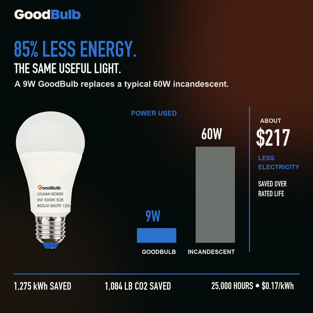 GoodBulb Daylight 5000K A19 LED bulb, made in USA, Fargo North Dakota