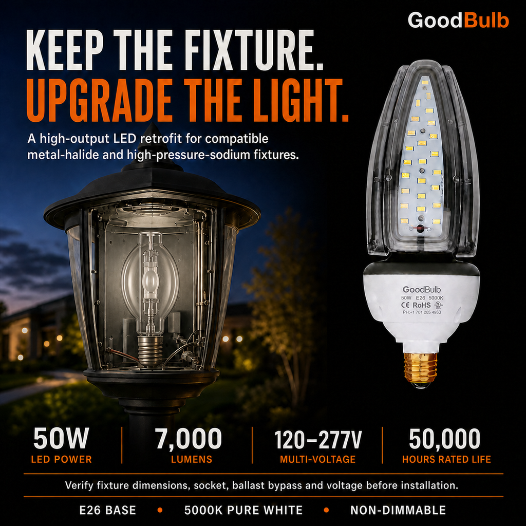 Acorn 50W 300W HID Replacement high output LED bulb, 5000K daylight, E26 / E39 Mogul, 120-277V, HID/halogen replacement