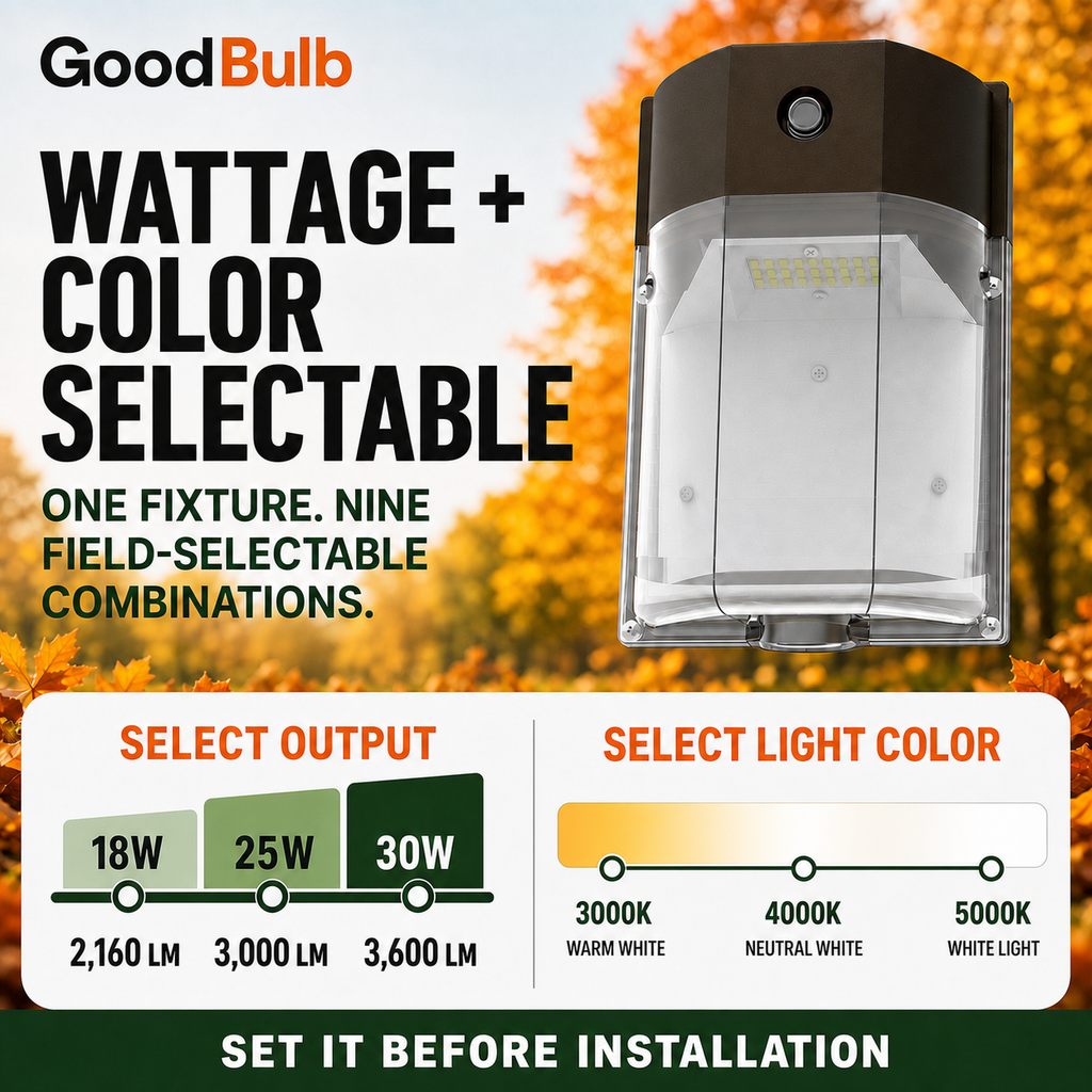 Mini Wall Pack 18/25/30W Selectable commercial LED fixture, selectable wattage and CCT, 120-277V, DLC 5.1 Premium, utility rebate eligible
