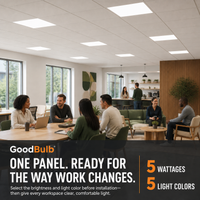 2x2 LED Panel, 5 Wattages, 5 CCT commercial LED fixture, selectable wattage and CCT, 120-277V, DLC 5.1 Premium, utility rebate eligible