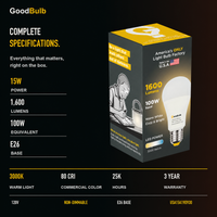 GoodBulb Warm White 3000K A19 LED bulb, made in USA, Fargo North Dakota