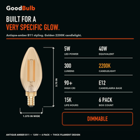 B11 Torpedo E12 Candelabra, Amber LED filament bulb, amber glass, E12 Candelabra, dimmable vintage Edison style, 90 CRI