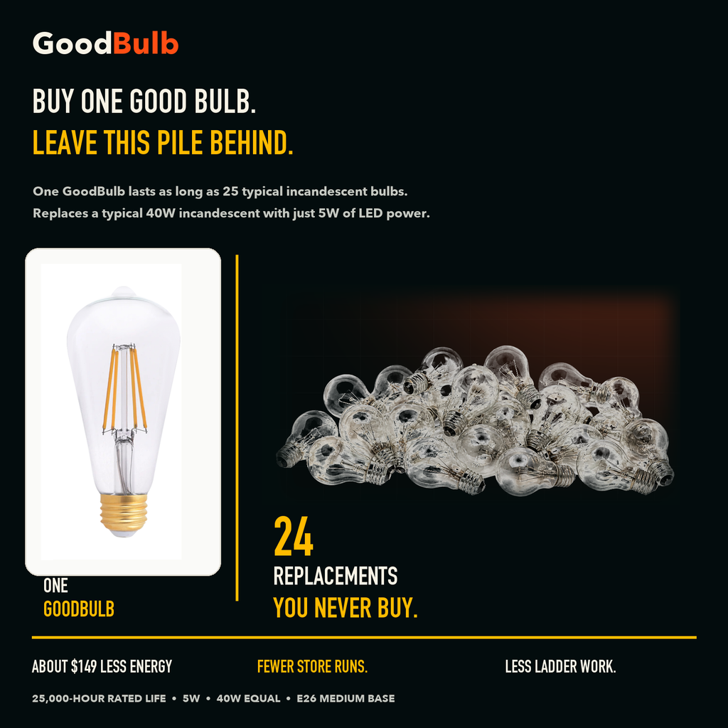 ST19 Edison Soft White Glow LED filament bulb, clear glass, E26 Medium, dimmable vintage Edison style, 90 CRI