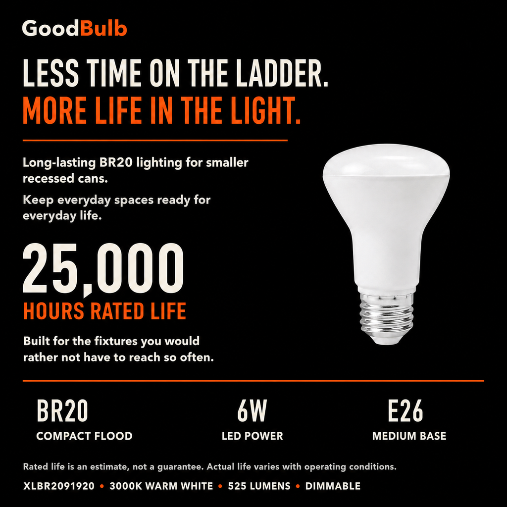 BR20 Small Reflector LED reflector bulb, BR20, 3000K Warm White, 90+ CRI, dimmable, for recessed cans