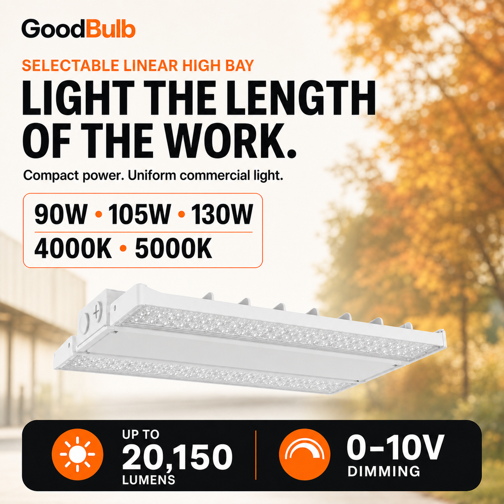 Linear High Bay 90/105/130W Selectable commercial LED fixture, selectable wattage and CCT, 120-277V, DLC 5.1 Premium, utility rebate eligible