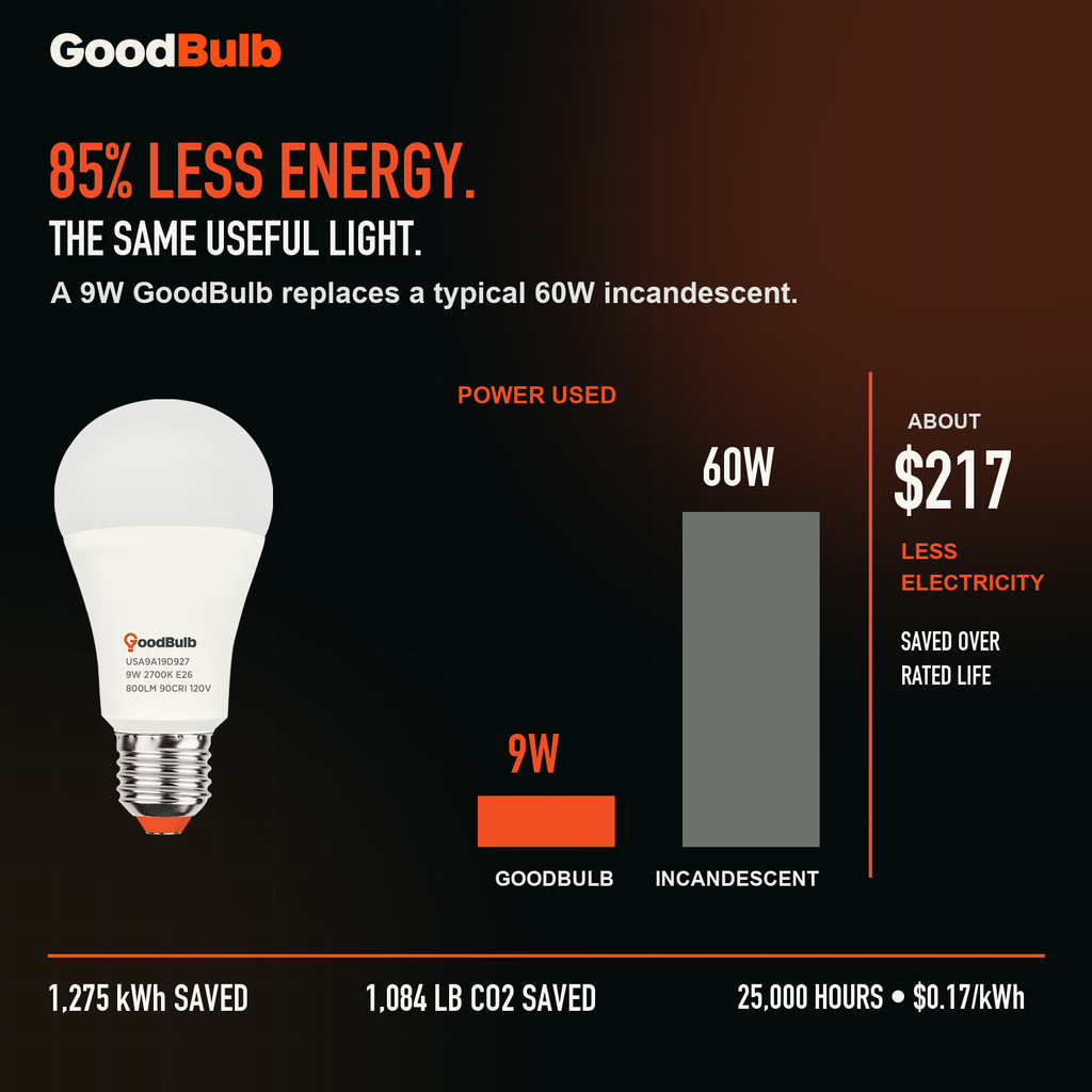 GoodBulb Soft White 2700K A19 LED bulb, made in USA, Fargo North Dakota
