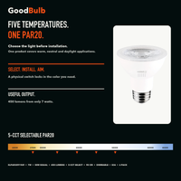 PAR20 Adjustable Color LED PAR bulb, PAR20, Selectable 2700K–5000K, 90+ CRI, halogen replacement flood/spot