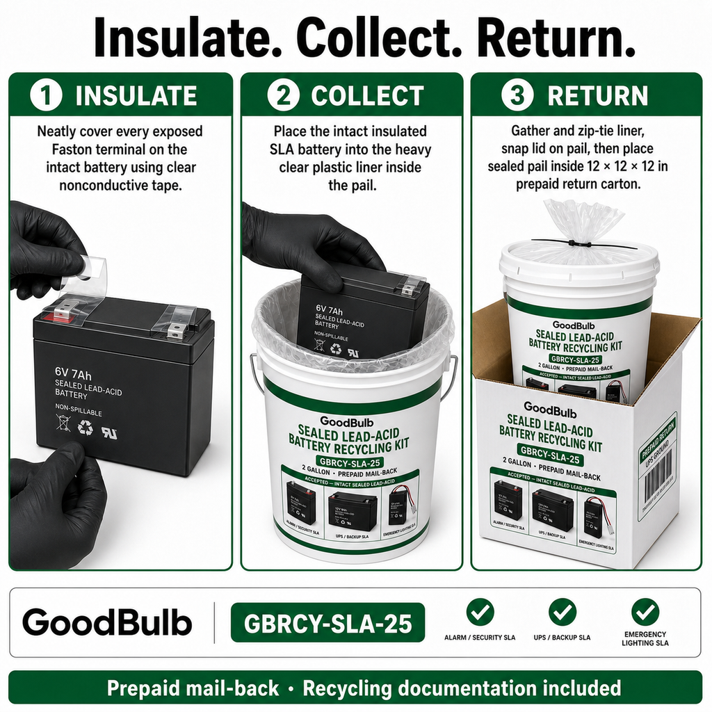 Sealed Lead Acid Kit 2.5-Gallon prepaid mail-back recycling kit, sla · ups · alarm · scooter, certificate of recycling