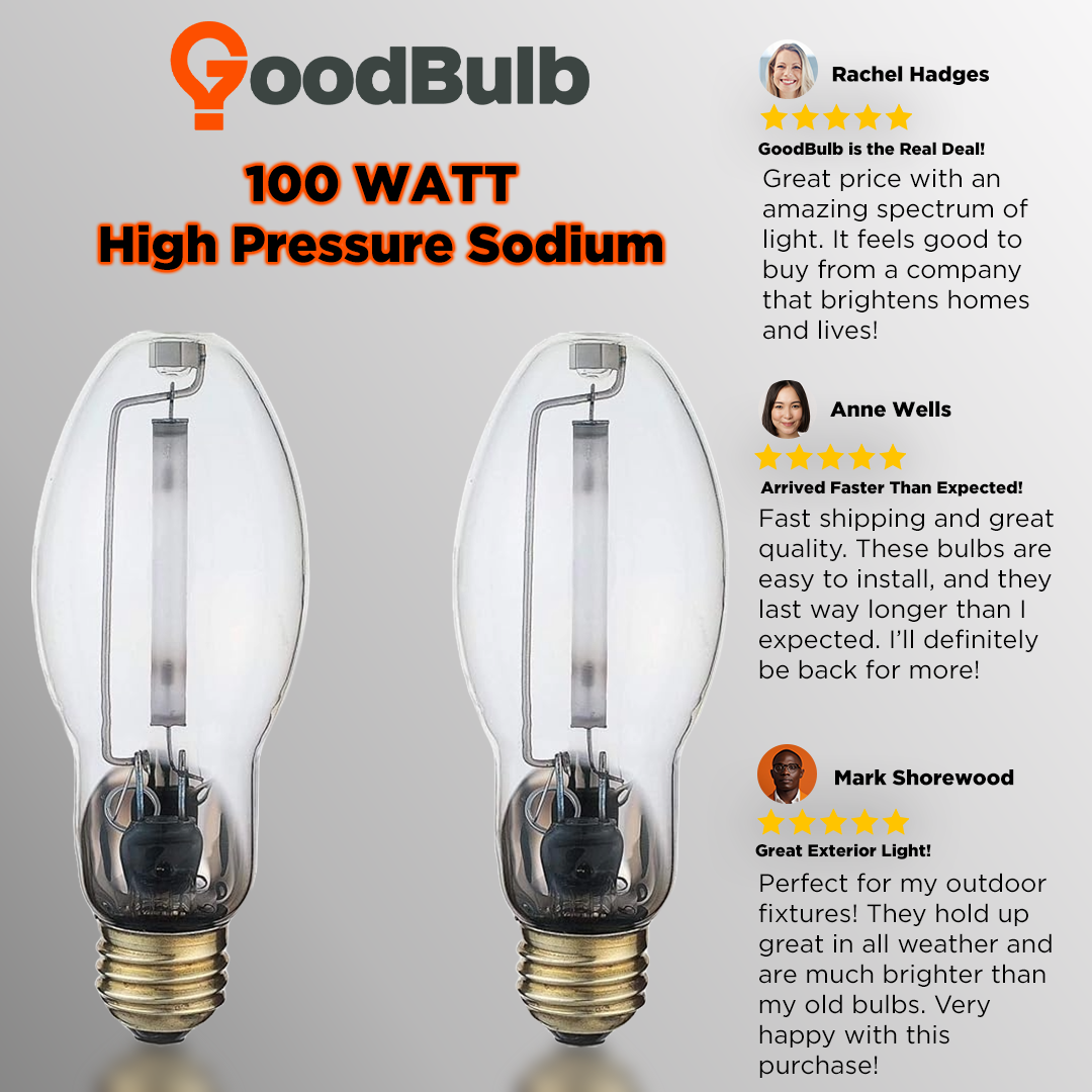 100-Watt High Pressure Sodium HID Light Bulb - E26 Medium Base - Clear - 2000K Warm Yellow Light - 9500 Lumens - 24,000 Hours