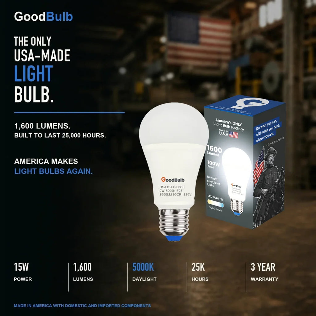 Made in America | 100W Equal | 1600 Lumens | LED A19 DAYLIGHT 5000K Bright, True Daylight